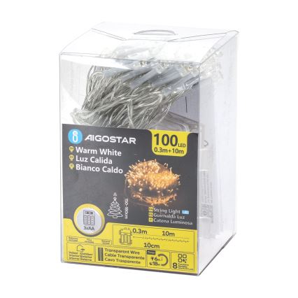 Aigostar - Guirnalda LED para exterior, 100 LEDs, 8 funciones, 3xAA, 10,3 m, IP44, blanco cálido