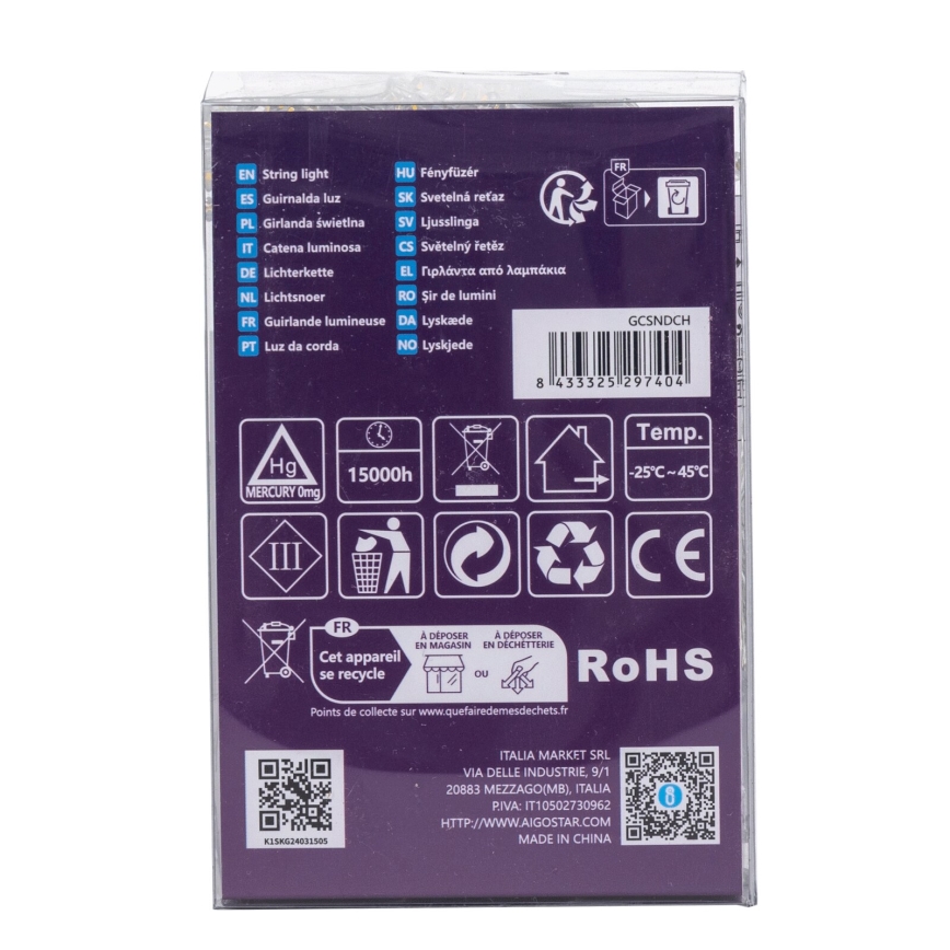 Aigostar - Guirnalda LED para exterior, 100 LEDs, 8 funciones, 3xAA, 10,3 m, IP44, blanco cálido