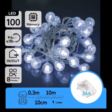 Aigostar - Guirnalda LED para exterior 100xLED/3xAA/8 funciones 10,3 m IP44 blanco frío