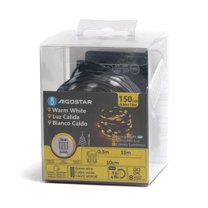 Aigostar - Guirnalda LED para exterior 150 LED/8 funciones 3x AA 15,3 m IP44 blanco cálido