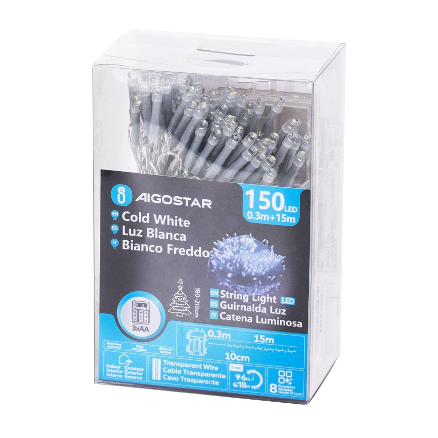 Aigostar - Guirnalda LED para exterior, 150 LEDs, 8 funciones, 15,3 m, IP44, blanco frío