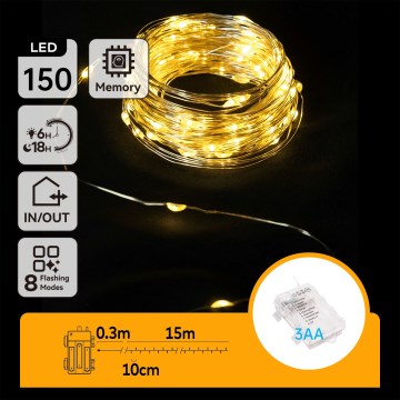 Aigostar - Guirnalda LED para exterior 150xLED/8 funciones 3xAA 15,3m IP44 blanco cálido
