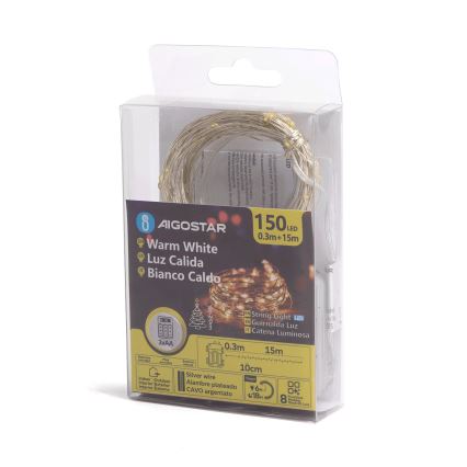 Aigostar - Guirnalda LED para exterior 150xLED/8 funciones 3xAA 15,3m IP44 blanco cálido