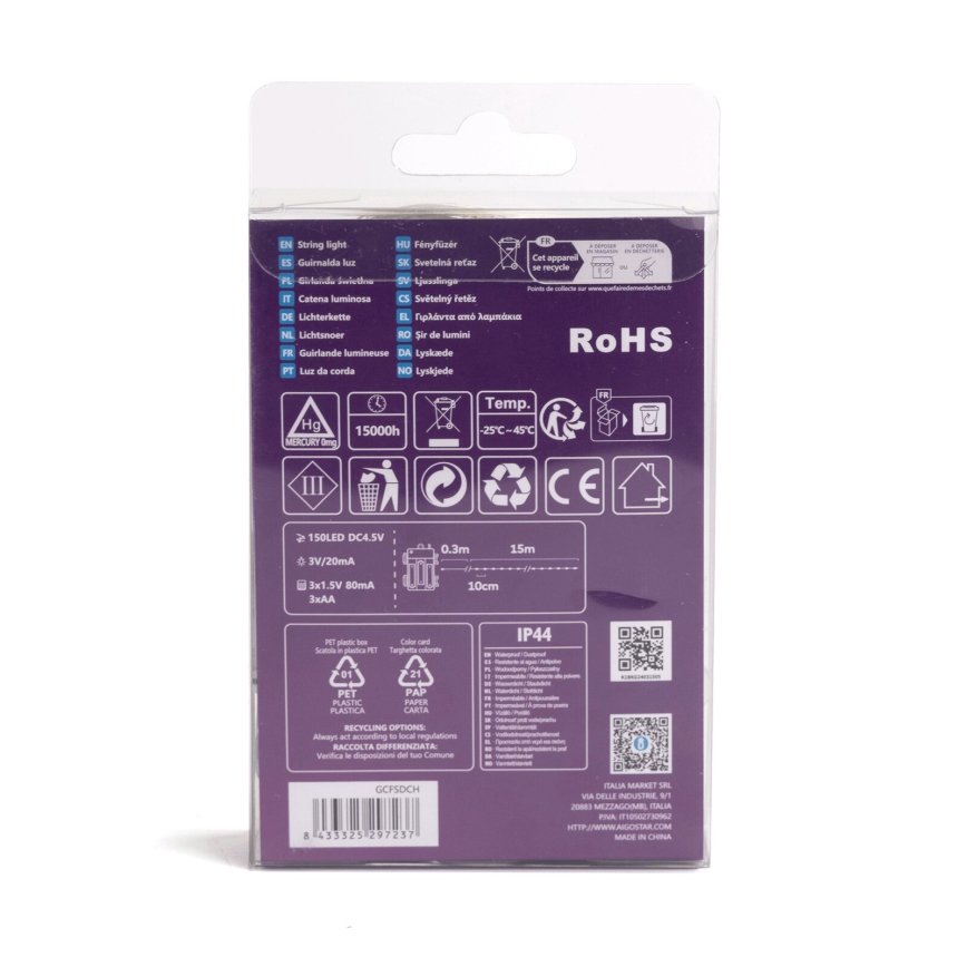 Aigostar - Guirnalda LED para exterior 150xLED/8 funciones 3xAA 15,3m IP44 blanco cálido