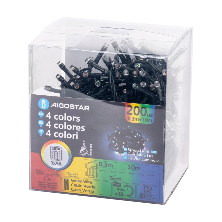 Aigostar - Guirnalda LED para exterior 200 LEDs / 8 modos / 3xAA / 10,3 m / IP44 / multicolor