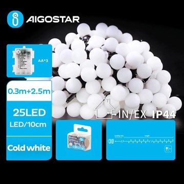 Aigostar - Guirnalda LED para exterior 25xLED/3xAA/8 funciones 2,8 m IP44 blanco frío