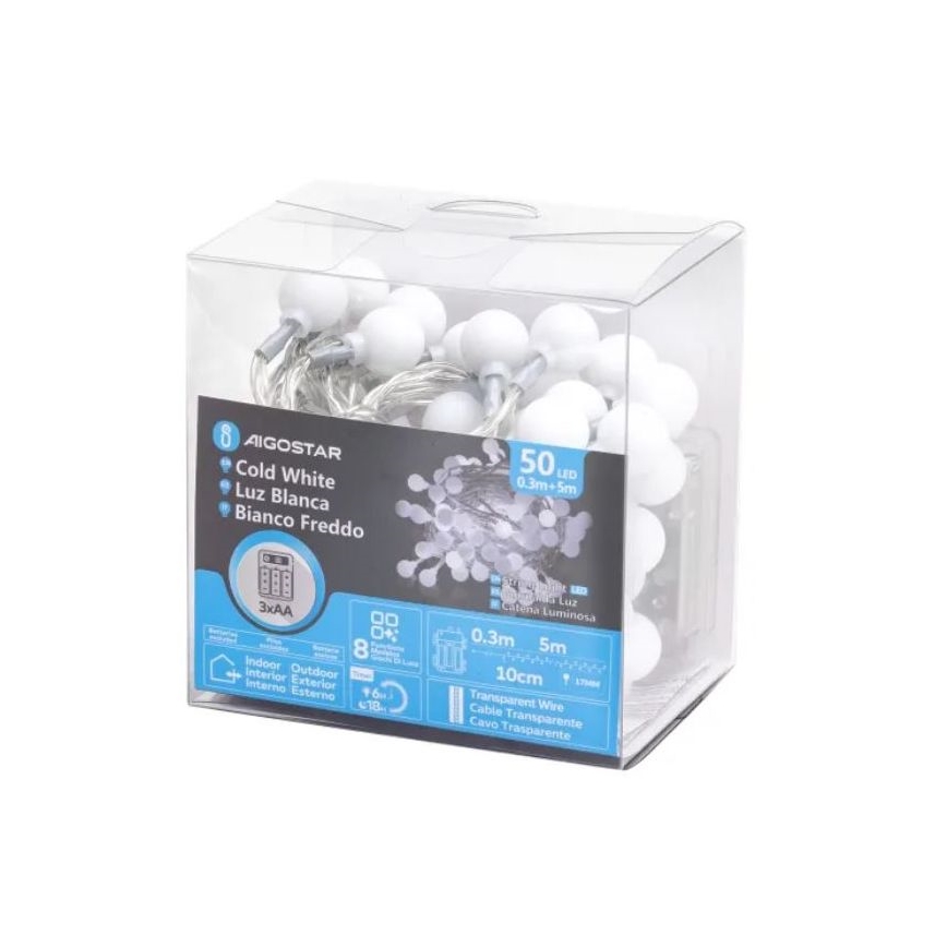 Aigostar - Guirnalda LED para exterior 50xLED/3xAA/8 funciones 5,3 m IP44 blanco frío