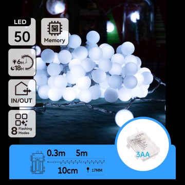 Aigostar - Guirnalda LED para exterior 50xLED/3xAA/8 funciones 5,3 m IP44 blanco frío