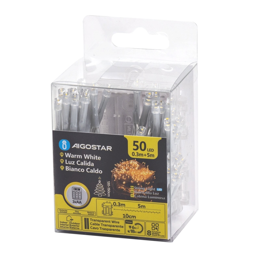 Aigostar - Guirnalda LED para exterior 50xLED/8 funciones, 3xAA, 5,3 m, IP44, blanco cálido