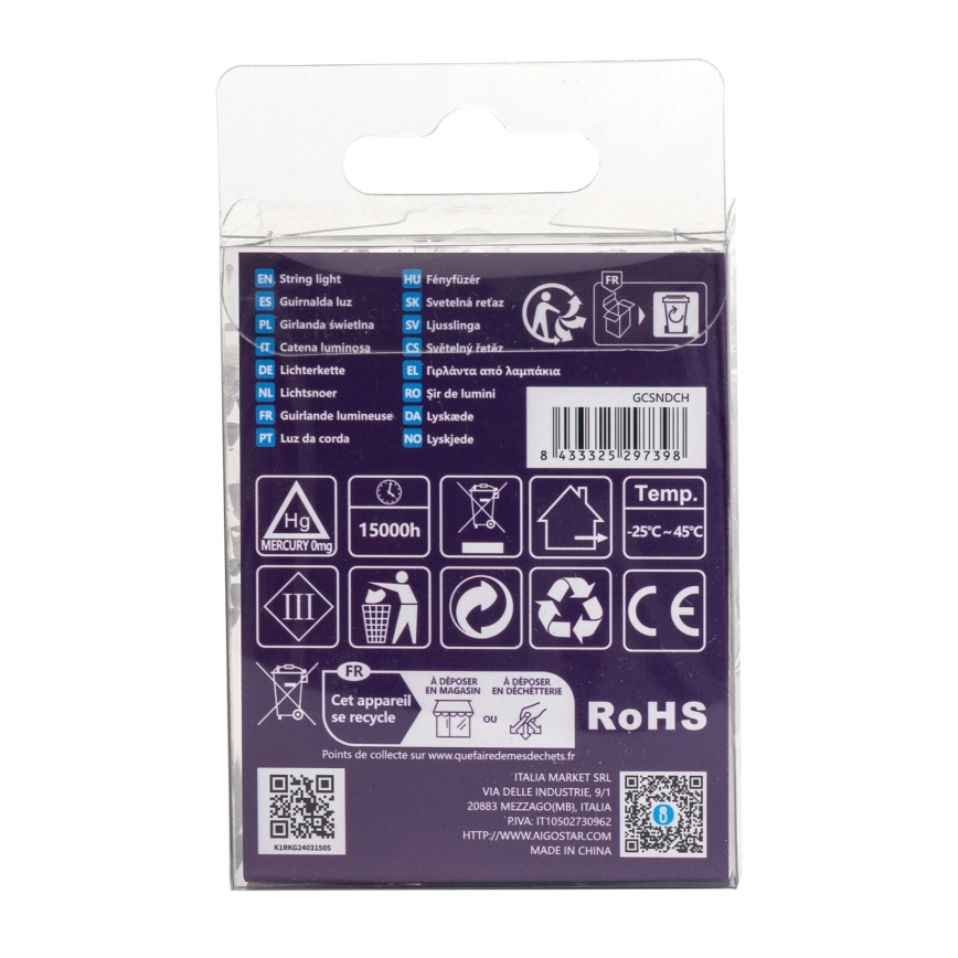 Aigostar - Guirnalda LED para exterior 50xLED/8 funciones, 3xAA, 5,3 m, IP44, blanco cálido