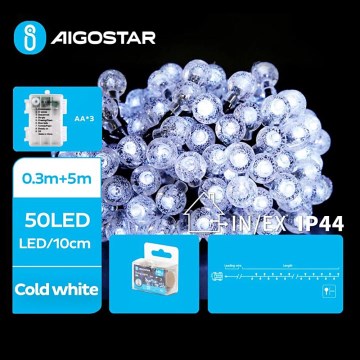 Aigostar - Guirnalda LED para exteriores 50xLED/3xAA/8 funciones 5,3 m IP44 blanco frío