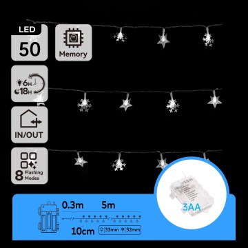 Aigostar - Guirnalda LED para exteriores 50xLED/8 funciones 3xAA 5 m IP44 blanco frío