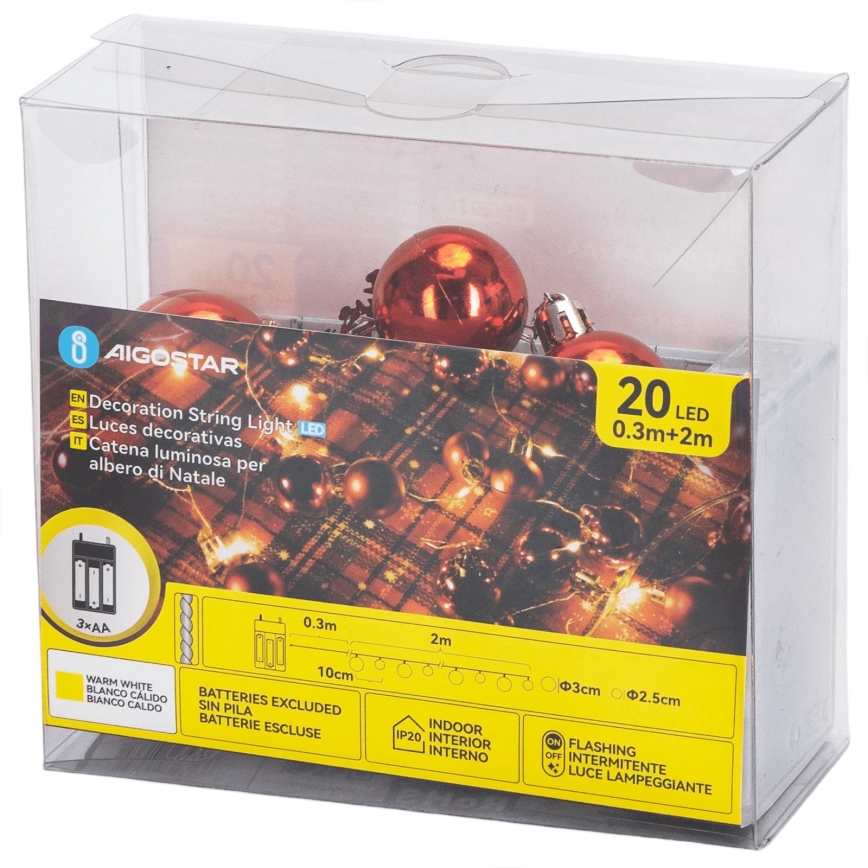 Aigostar - Guirnalda LED para Navidad, 20 LEDs, 3x AA, 2 m, blanco cálido
