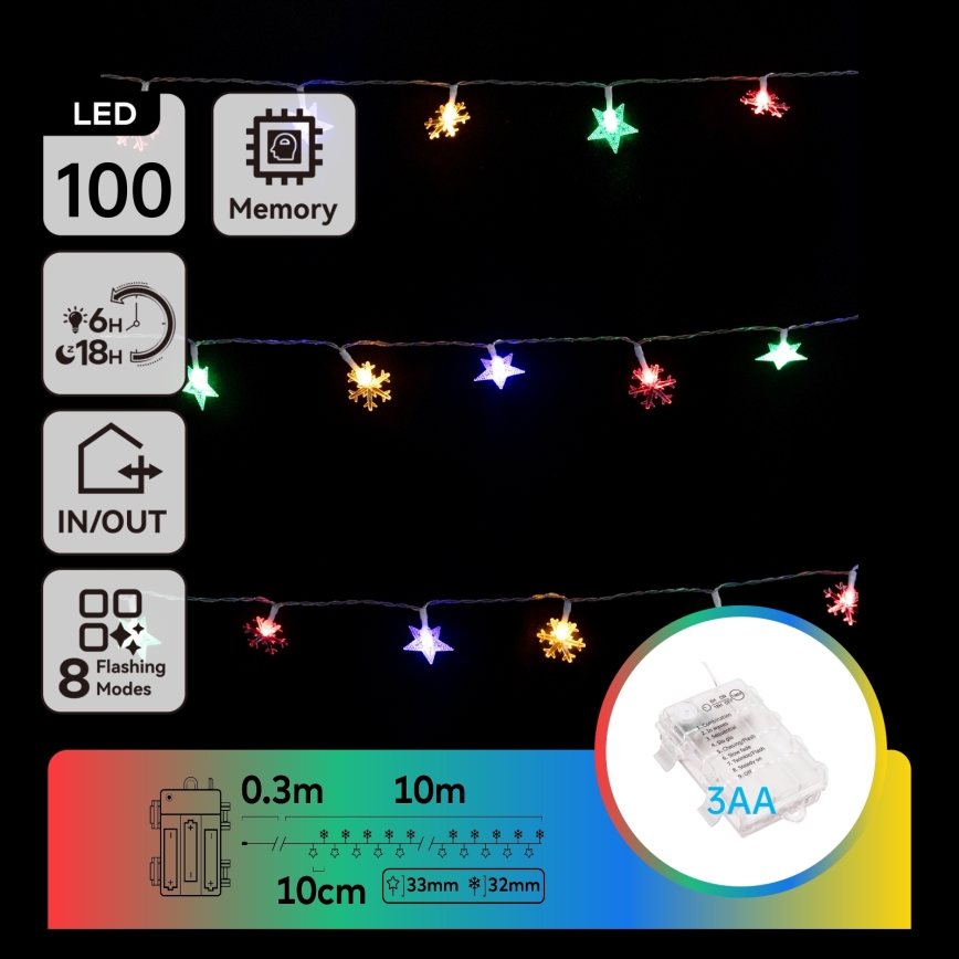 Aigostar - Guirnalda navideña exterior LED RGBY 100xLED/8 funciones 3xAA 10m IP44 estrellas