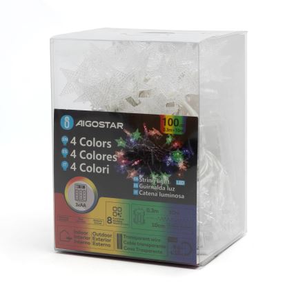 Aigostar - Guirnalda navideña exterior LED RGBY 100xLED/8 funciones 3xAA 10m IP44 estrellas