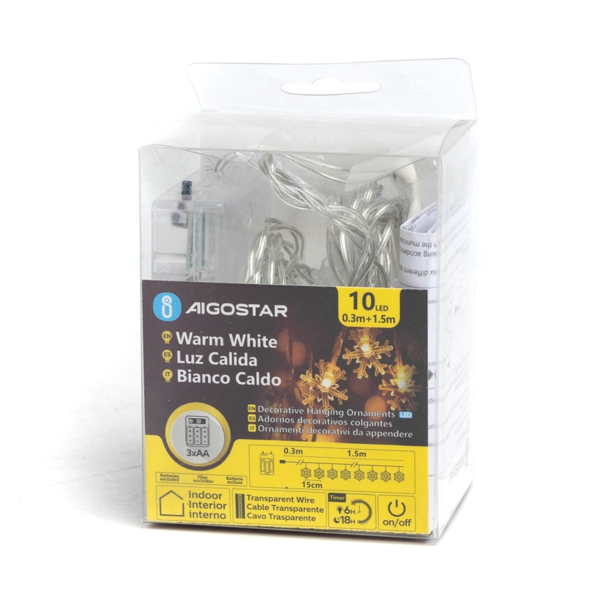 Aigostar - Guirnalda navideña LED 10xLED/3xAA 1,5m en blanco cálido con copos de nieve