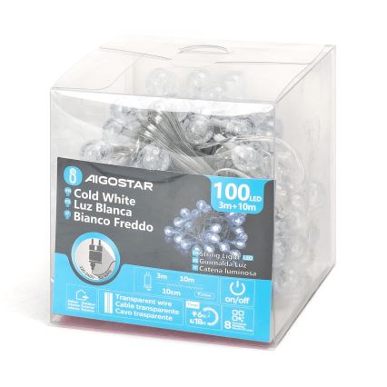 Aigostar - Guirnalda navideña LED para exterior 100 LEDs/8 funciones 13 m IP44 blanco frío