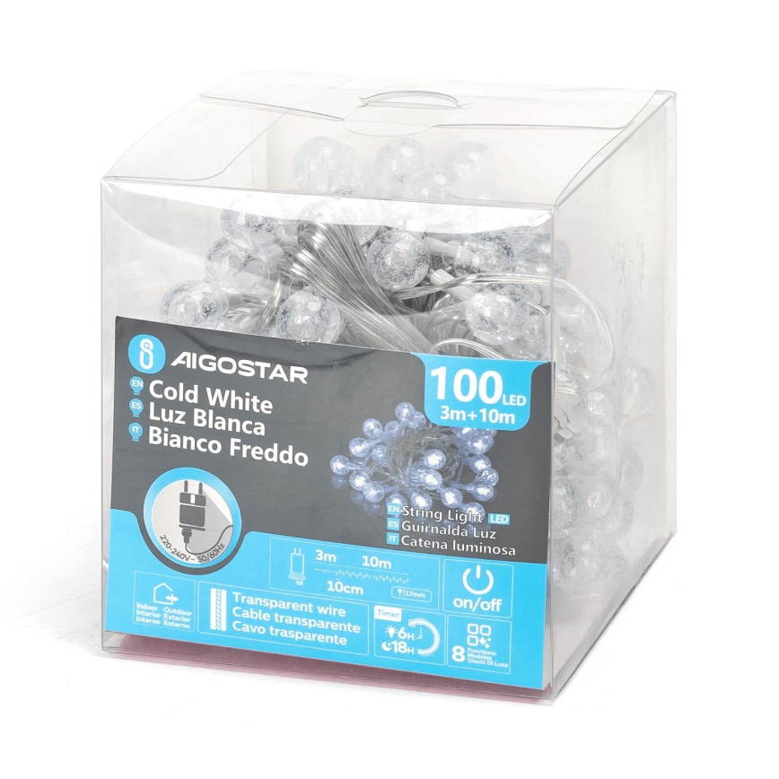Aigostar - Guirnalda navideña LED para exterior 100 LEDs/8 funciones 13 m IP44 blanco frío