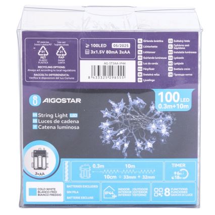 Aigostar - Guirnalda navideña LED para exterior 100xLED/8 funciones 3xAA 10 m IP44 blanco frío