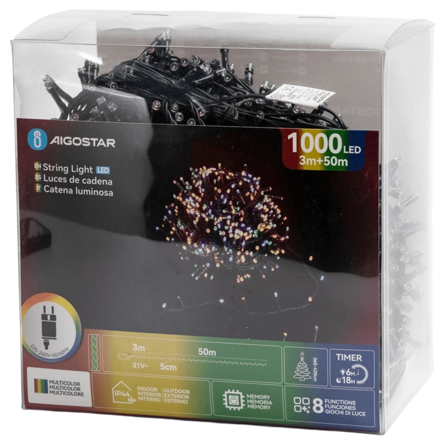 Aigostar - Guirnalda navideña LED para exterior 1000 LEDs/8 funciones 53 m IP44 multicolor