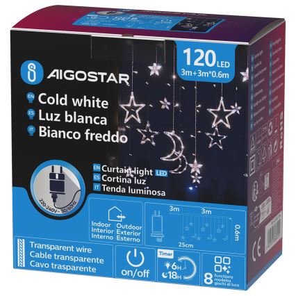 Aigostar - Cadena de luces navideñas LED para exterior 120xLED/6W/230V/8 funciones 3x0,6m IP44 blanco frío + mando a distancia