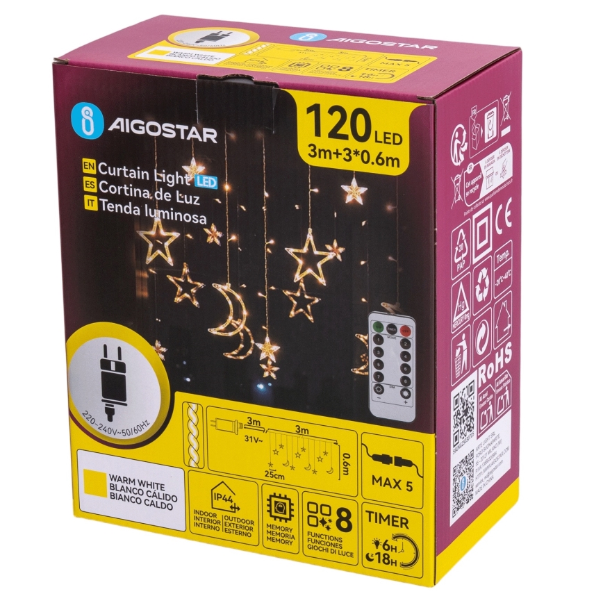 Aigostar - Guirnalda navideña LED para exterior 120 LEDs/6W/230V/8 funciones 3x0,6 m IP44 blanco cálido + mando a distancia