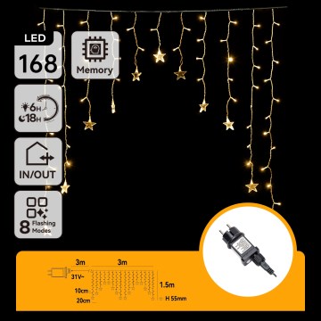 Aigostar - Guirnalda navideña LED para exterior 168 LED/8 funciones 3x1,5m IP44 blanco cálido con estrellas