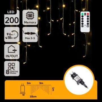 Aigostar - Guirnalda navideña LED para exterior 200 LEDs/6W/230V/8 funciones 3x1m IP44 blanco cálido + mando a distancia