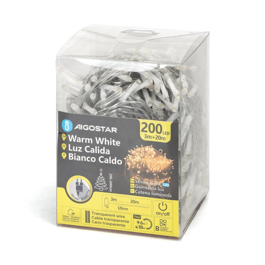 Aigostar - Guirnalda navideña LED para exterior 200xLED/8 funciones 23m IP44 blanco cálido