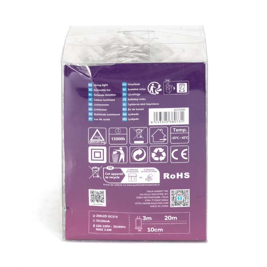 Aigostar - Guirnalda navideña LED para exterior 200xLED/8 funciones 23m IP44 blanco cálido