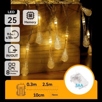 Aigostar - Guirnalda navideña LED para exterior, 25 LED / 8 funciones, 3xAA, 2,5 m, IP44, blanco cálido, con forma de gotas