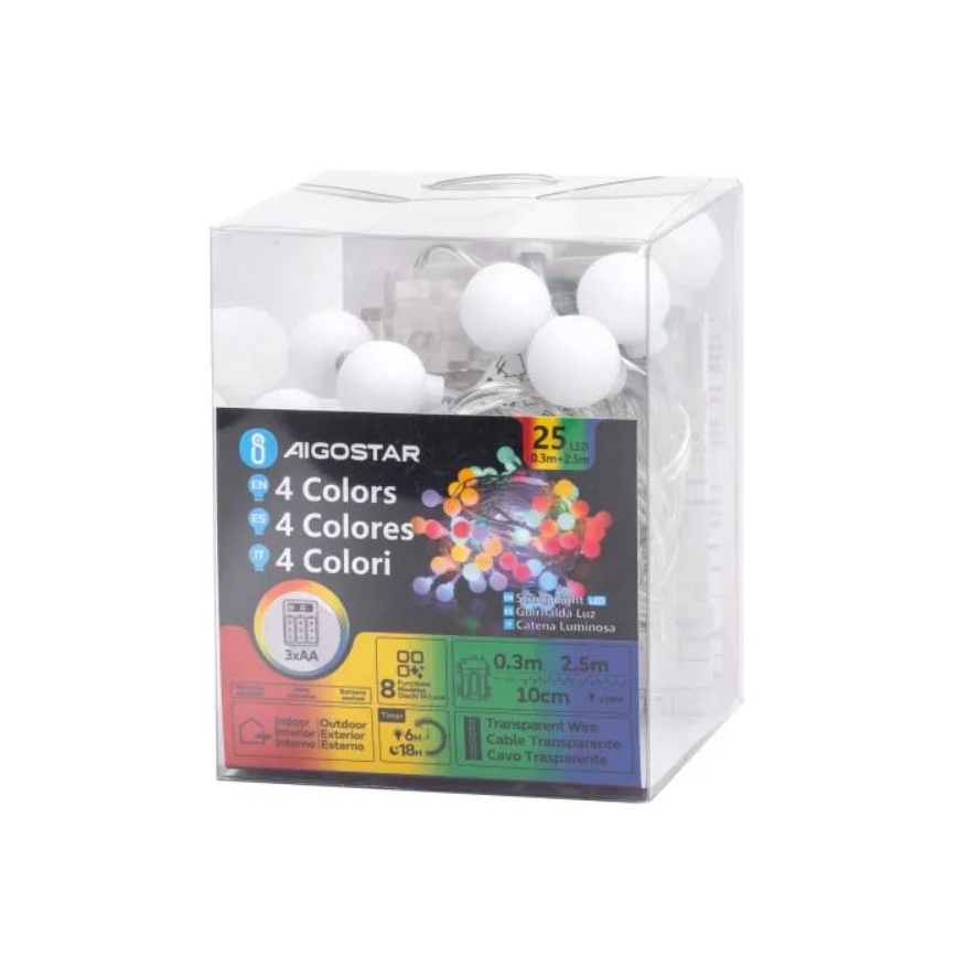 Aigostar - Guirnalda navideña LED para exterior 25 LEDs/3x AA/8 funciones 2,8 m IP44 multicolor
