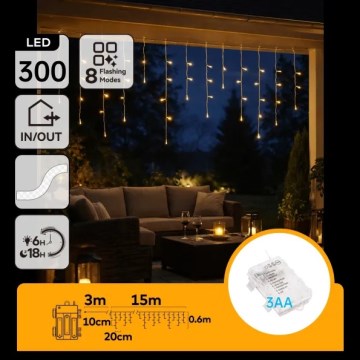 Aigostar - Guirnalda navideña LED para exterior 300 LEDs/8 funciones 3x AA 18x0,6 m IP44 blanco cálido