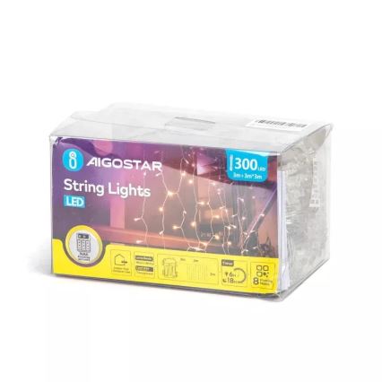 Aigostar - Guirnalda navideña LED para exterior 300 LEDs / 8 funciones, 3xAA, 6x3 m, IP44, blanco cálido