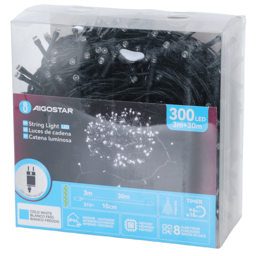 Aigostar - Guirnalda navideña LED para exterior 300xLED/8 funciones 30m IP44 blanco frío