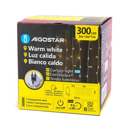 Aigostar - Guirnalda navideña LED para exterior 300xLED/8 funciones 3x1m IP44 blanco cálido + mando a distancia