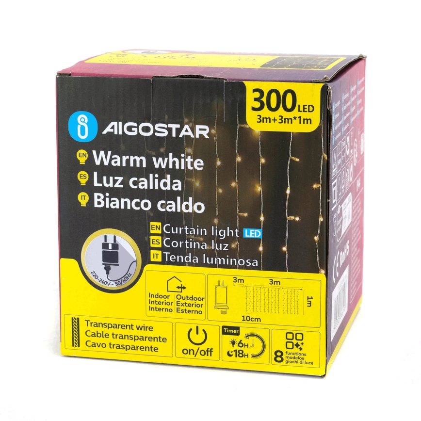 Aigostar - Guirnalda navideña LED para exterior 300xLED/8 funciones 3x1m IP44 blanco cálido + mando a distancia