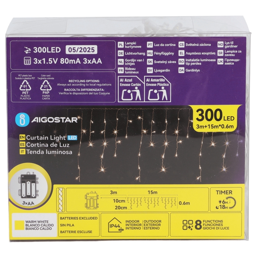 Aigostar - Guirnalda navideña LED para exterior 300 LEDs/8 funciones 3x AA 18x0,6 m IP44 blanco cálido