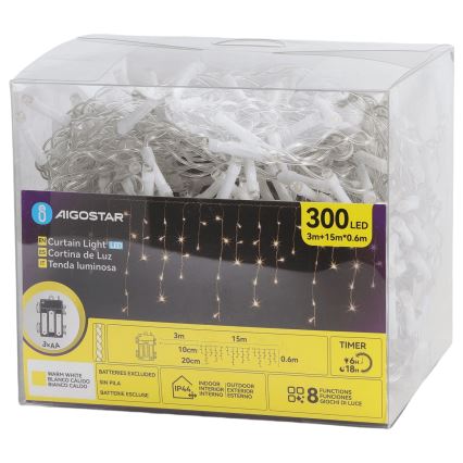 Aigostar - Guirnalda navideña LED para exterior 300 LEDs/8 funciones 3x AA 18x0,6 m IP44 blanco cálido