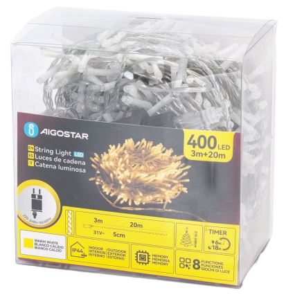 Aigostar - Guirnalda navideña LED para exterior 400xLED/8 funciones 20m IP44 blanco cálido