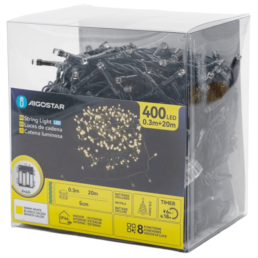 Aigostar - Guirnalda navideña LED para exterior 400xLED/8 funciones 4xAA 20,3 m IP44 blanco cálido