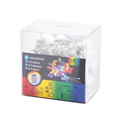 Aigostar - Guirnalda navideña LED para exterior 50xLED/3xAA/8 funciones 5,3 m IP44 multicolor