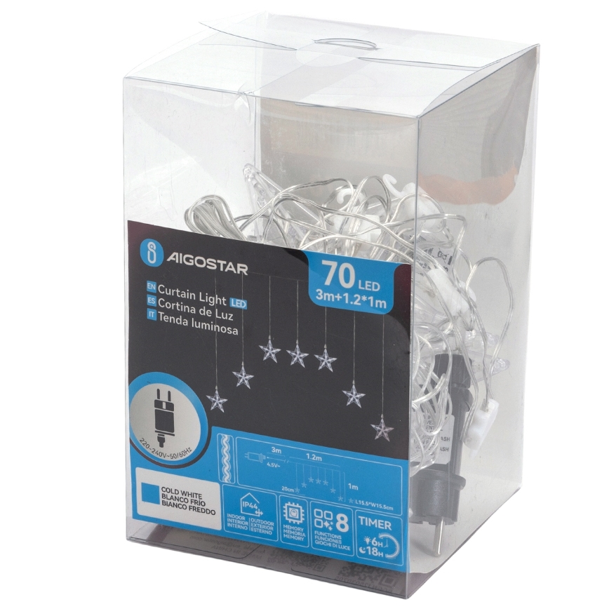 Aigostar - Guirnalda navideña LED para exterior, 70 LED, 1,2 x 1 m, IP44, blanco frío, con estrellas