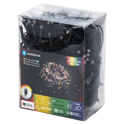 Aigostar - Cadena de luces navideñas LED para exterior, 200 LED, 8 funciones, 20 m, IP44, multicolor