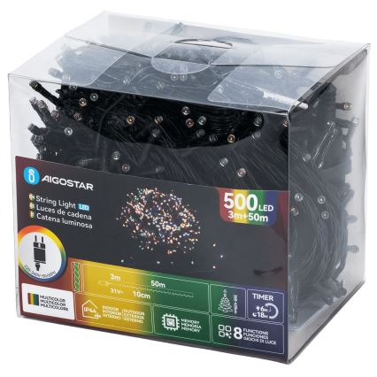 Aigostar - Guirnalda LED navideña para exterior 500 LEDs/8 funciones 50 m IP44 multicolor