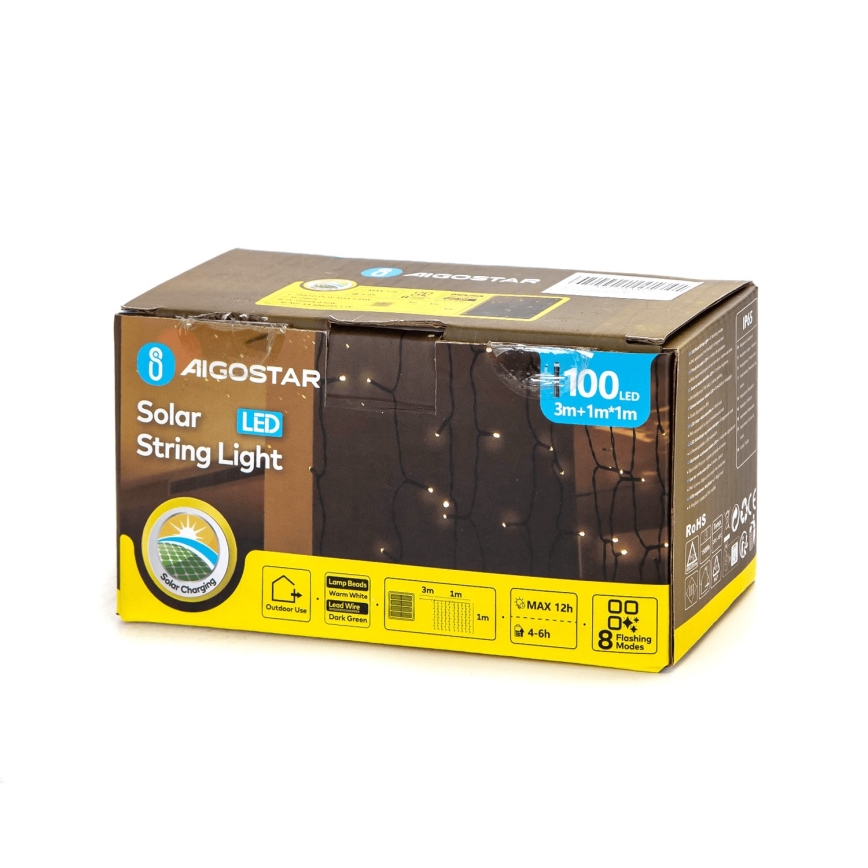 Aigostar - Guirnalda solar LED 100 LEDs/8 funciones 4x1m IP65 blanco cálido 800 mAh