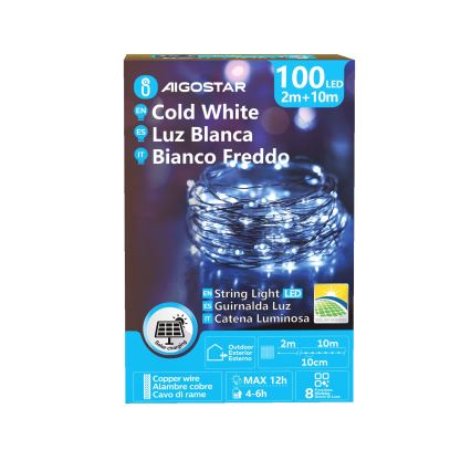 Aigostar - Guirnalda solar LED navideña 100xLED/8 funciones 12m IP65 800 mAh blanco frío