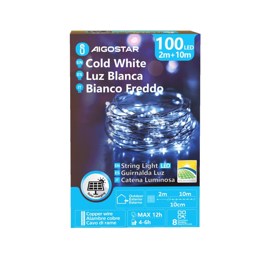 Aigostar - Guirnalda solar LED navideña 100xLED/8 funciones 12m IP65 800 mAh blanco frío