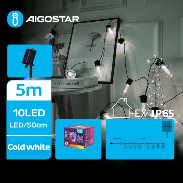 Aigostar - Guirnalda solar LED 10x LED / 8 funciones, 6,5 m, 500 mAh, IP65, blanco frío