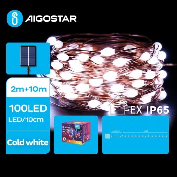 Aigostar - Guirnalda solar LED navideña 100xLED/8 funciones 12m IP65 800 mAh blanco frío